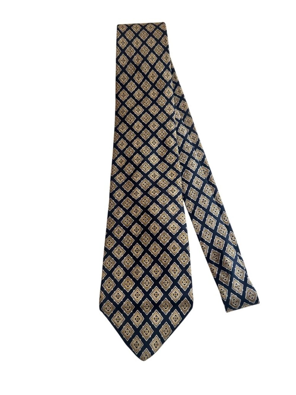 Yves Saint Laurent Mens Vintage 80s Silk Tie Geometric Diamond Pattern Navy & Go